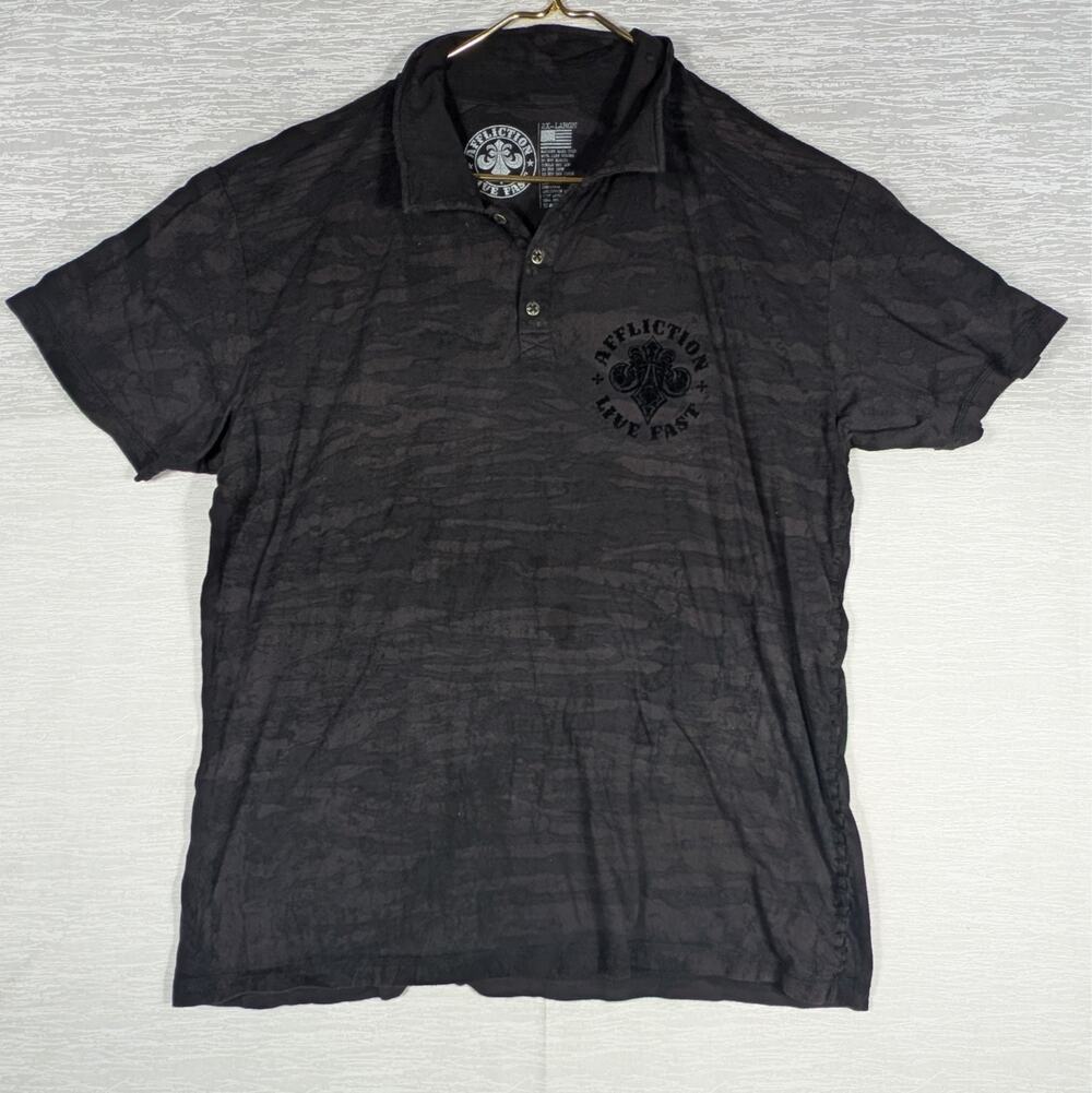 Affliction Polo Shirt Mens 2XL Black Short Sleeve Shirt Camo Biker Grunge